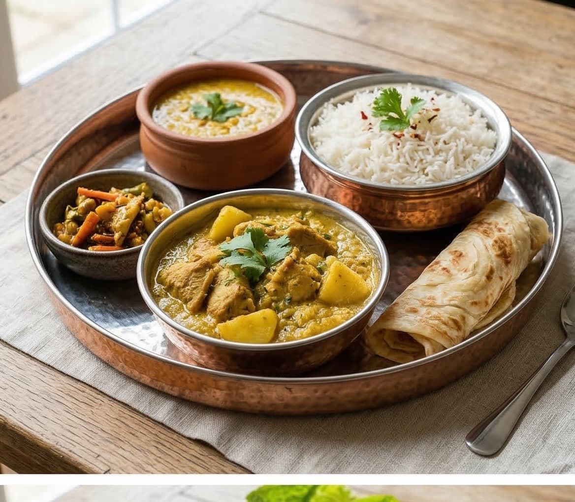 A spread of Bengali dishes on a table: curries, rice, and chapati